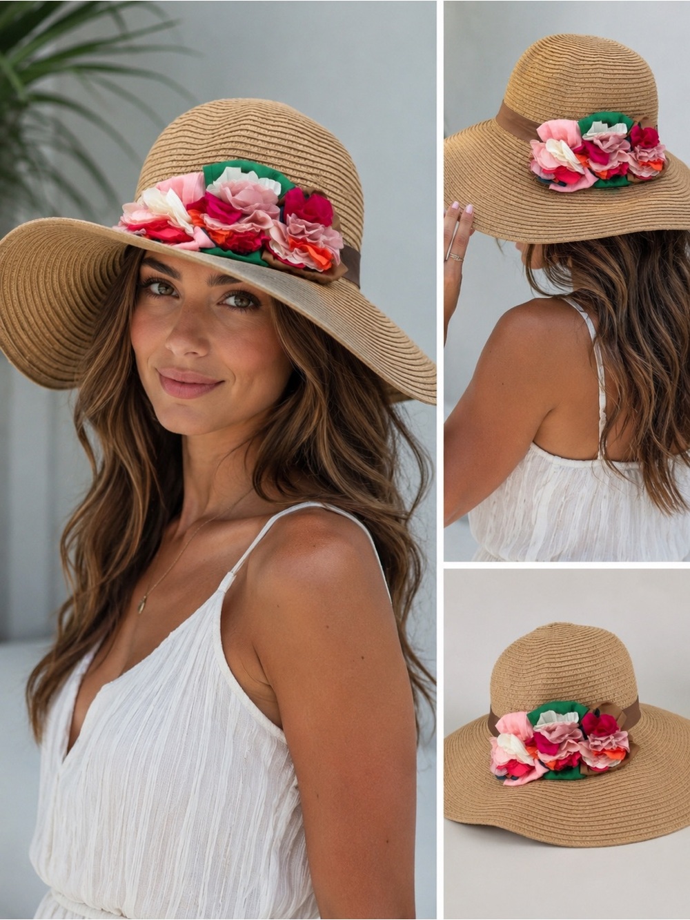 Vintage Straw Sun Hat with Pink & Coral Floral Trim. Bought in the 90s